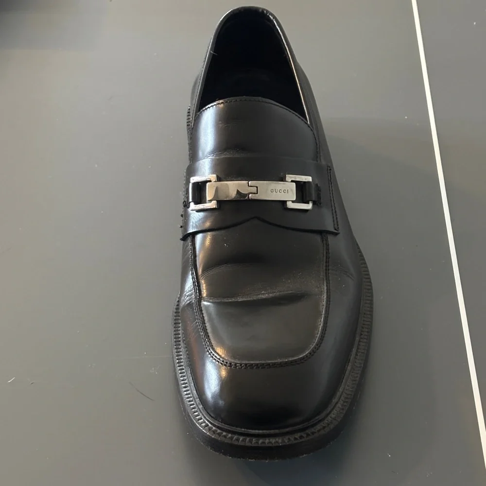 Gucci Black Leather Slip-On Loafers with Silver Horsebit